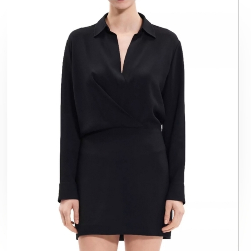 Theory Wrap Shirt‎ Dress Rosina Crepe Long Sleeve Black Sz8